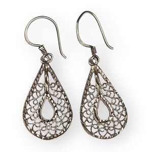 Sterling Filigree Drop Earrings Teardrop Diamond Cut 925 Silver FAS 1 5/8" Long